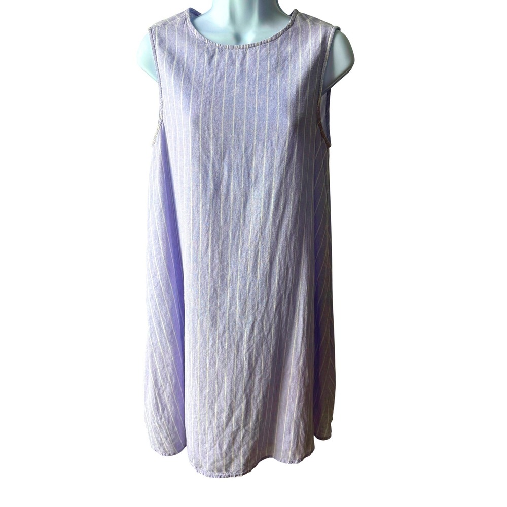 BeachLunchLounge Shift Pinstripe Dress Periwinkle Blue Linen Cotton Size Small